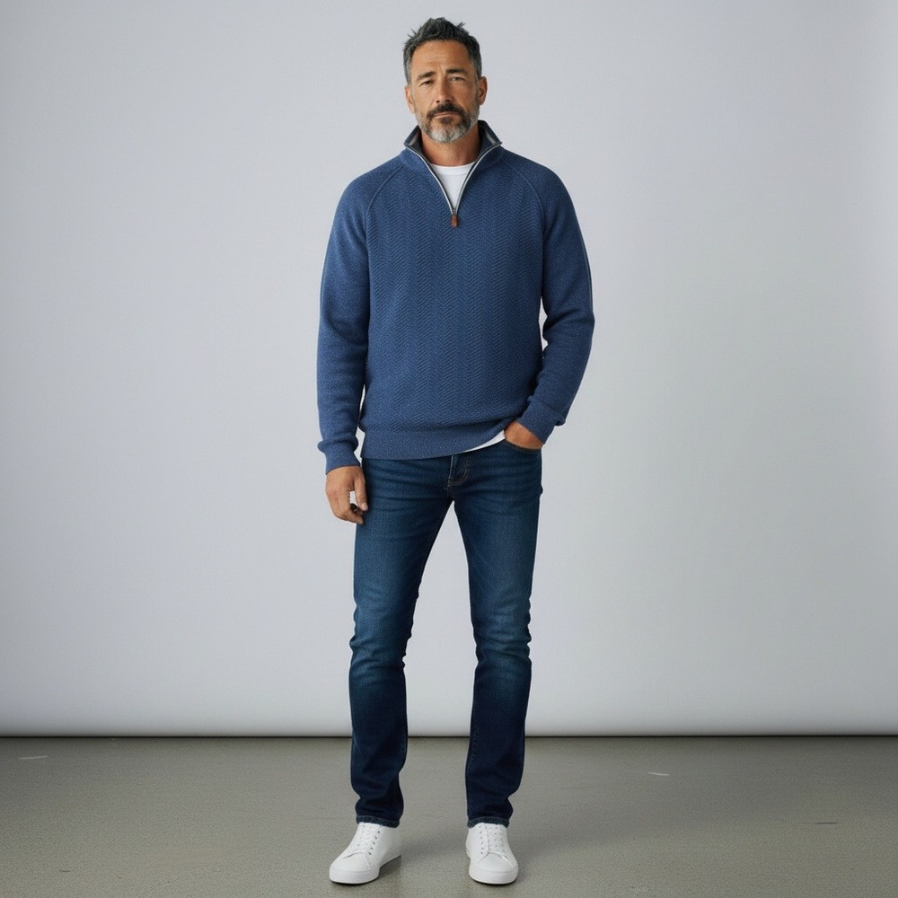 Tommy Bahama Quarter Zip Sweater XL Blue Cotton Cashmere Textured Pullover